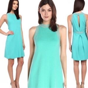 Trina Turk | Turquoise Halter Metallic Trim mini Dress Women’s size L A-line
